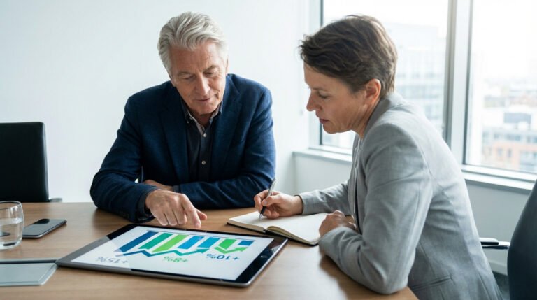 Un homme senior et une femme d'affaires analysent des graphiques de croissance sur une tablette, la femme prenant des notes, dans un bureau moderne.