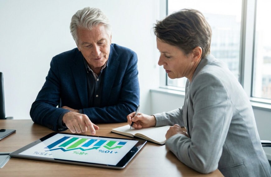 Un homme senior et une femme d'affaires analysent des graphiques de croissance sur une tablette, la femme prenant des notes, dans un bureau moderne.