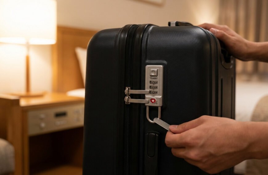 Mains déverrouillant une valise rigide noire avec une serrure à combinaison TSA007, dans une chambre d'hôtel.