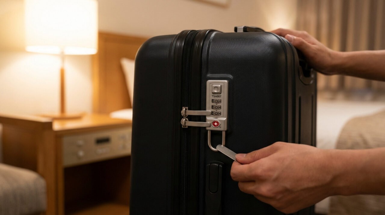 Mains déverrouillant une valise rigide noire avec une serrure à combinaison TSA007, dans une chambre d'hôtel.