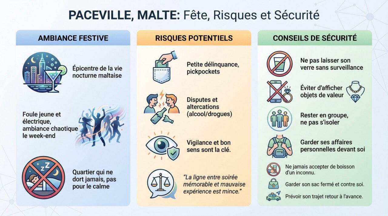 Foule dense et ambiance nocturne animée dans les rues de Paceville à Malte