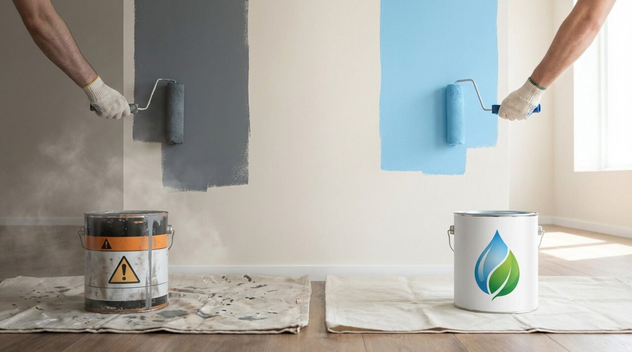 Two hands paint a wall: left, grey paint with a warning-labeled can and haze; right, blue paint with an eco-friendly can and bright light.