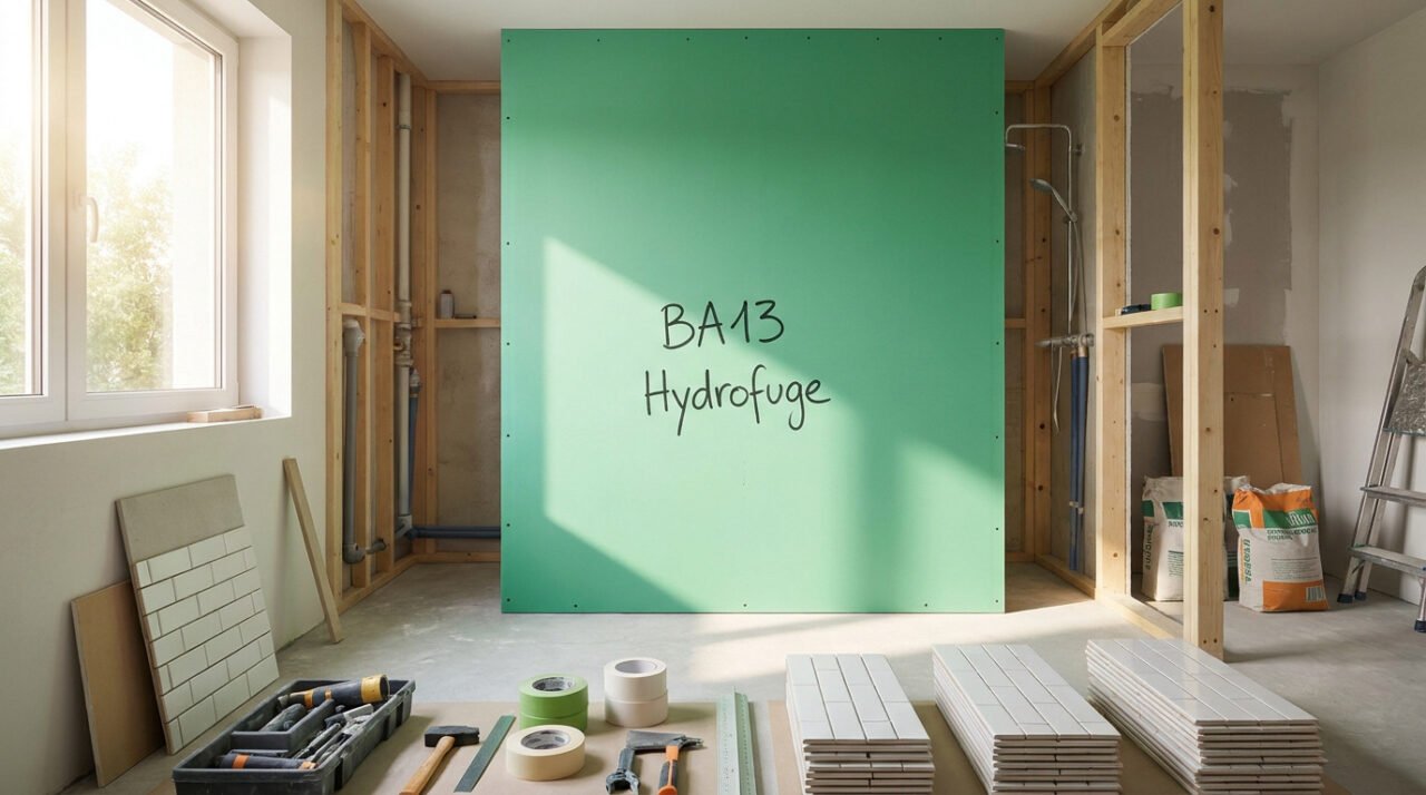 Mur de salle de bain en construction avec plaque de plâtre verte BA13 hydrofuge, entouré d'outils et de carrelage.