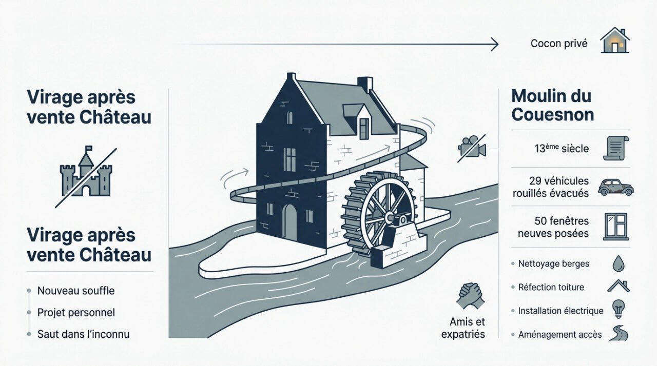 Donna et Paul devant leur nouveau projet de rénovation du moulin du 13ème siècle