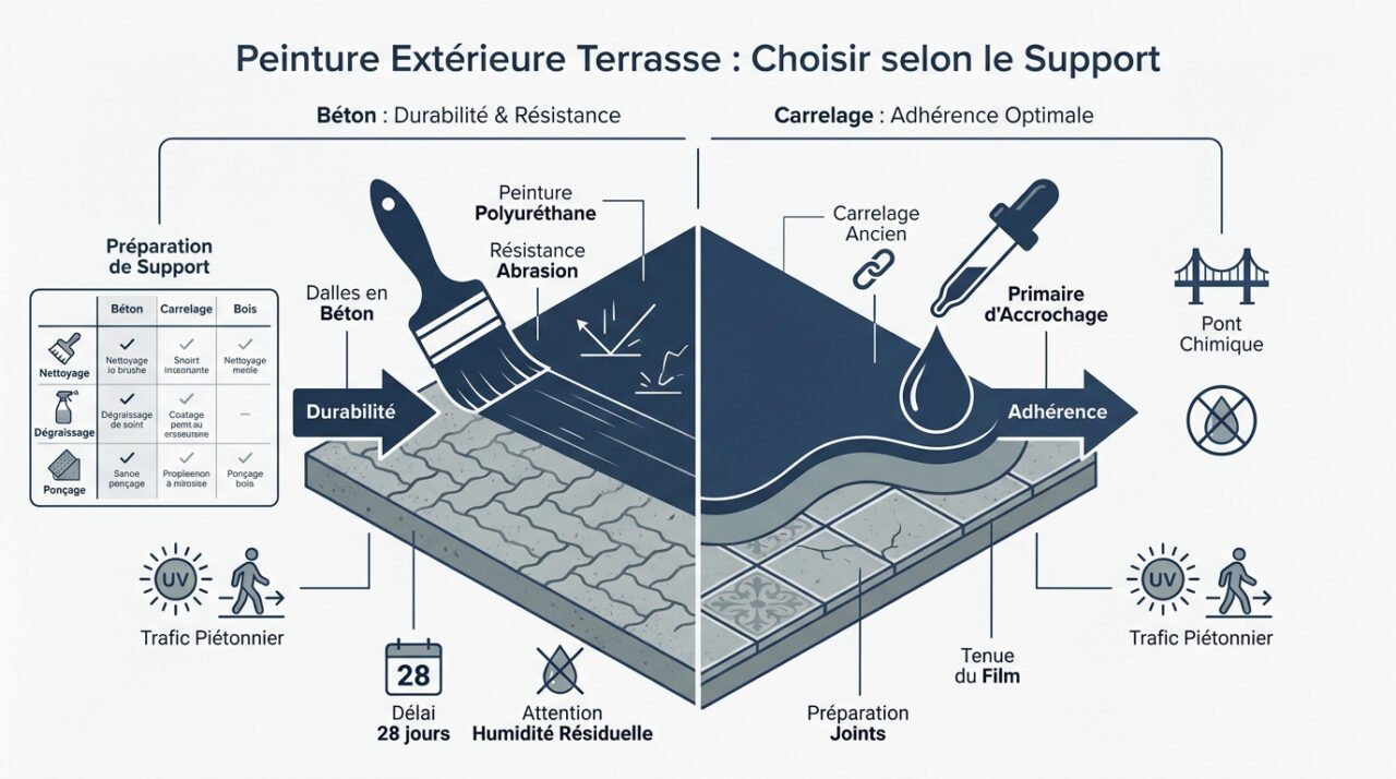 Application de peinture de protection sur une terrasse extérieure en béton