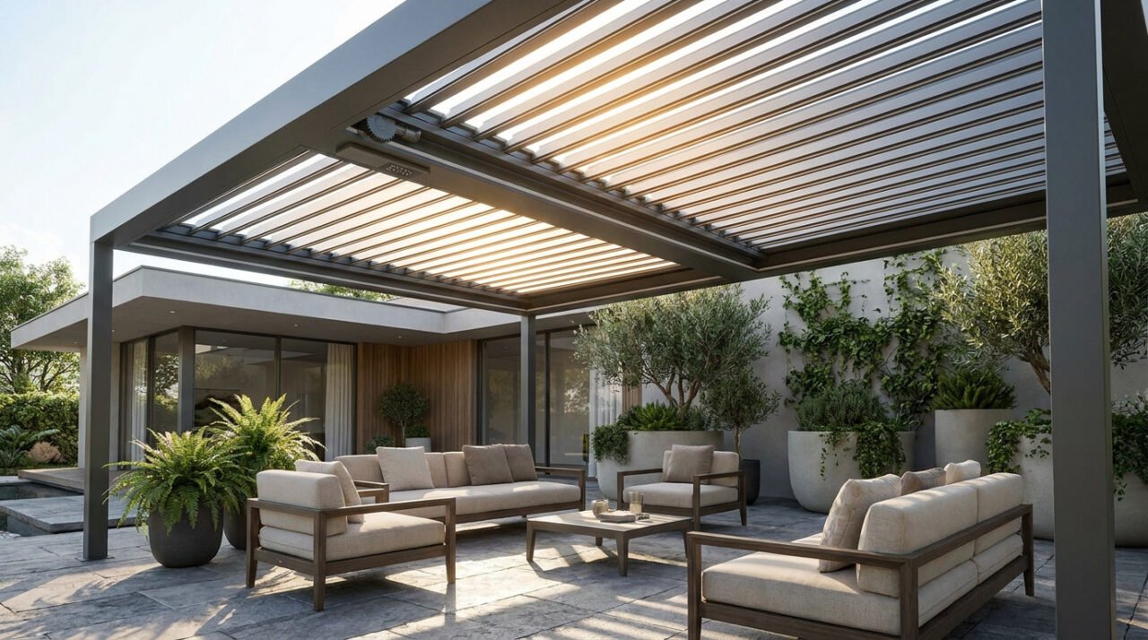 Une terrasse contemporaine avec pergola bioclimatique à lames orientables, mobilier de jardin et plantes.
