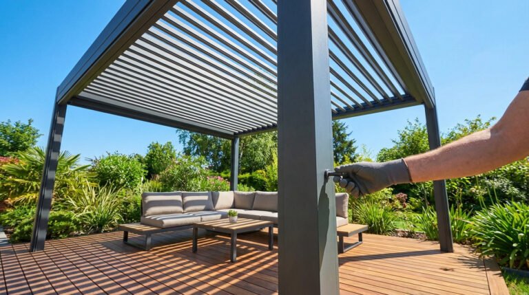 Main gantée ajustant les lames orientables d'une pergola bioclimatique moderne. Salon de jardin sur terrasse en bois ensoleillée.