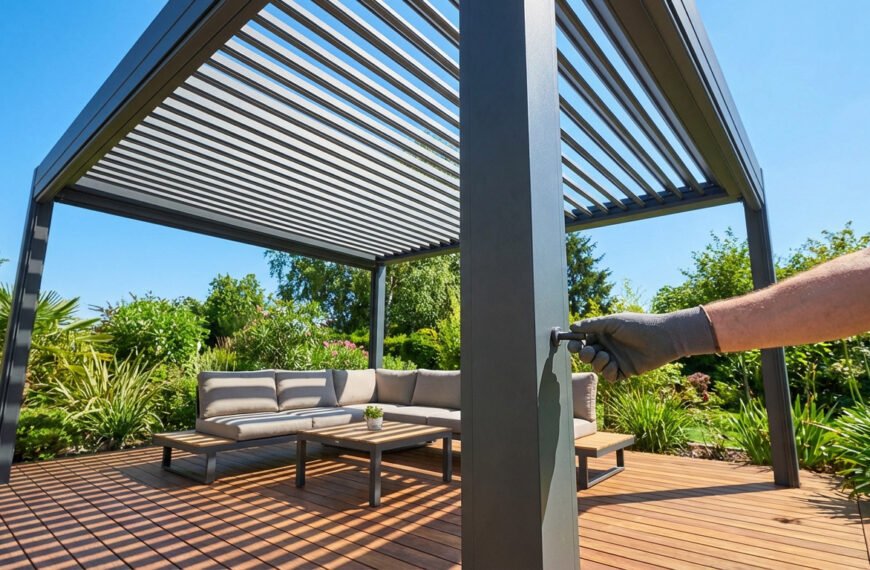 Main gantée ajustant les lames orientables d'une pergola bioclimatique moderne. Salon de jardin sur terrasse en bois ensoleillée.