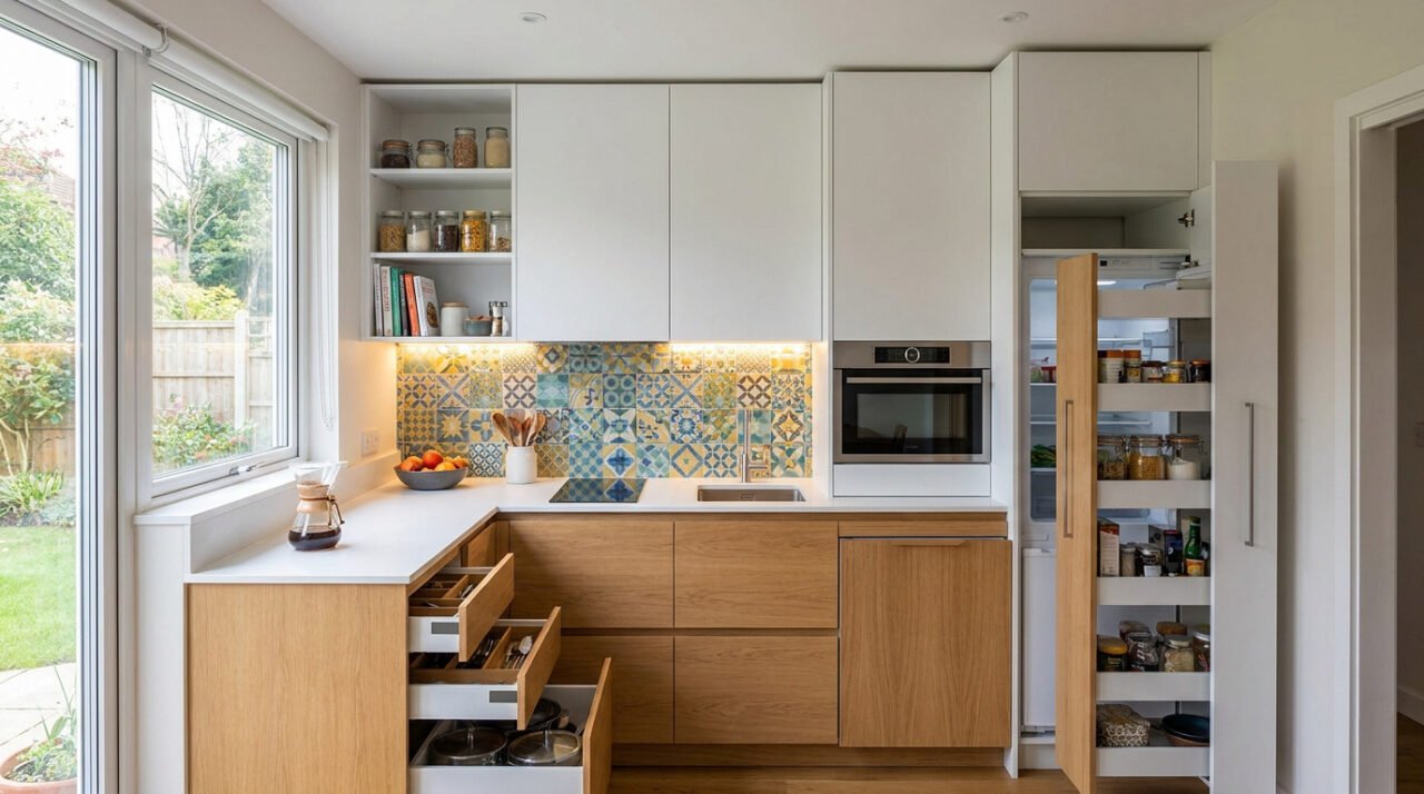 Cuisine compacte en L avec meubles en bois, crédence à motifs colorés et rangements coulissants intelligents.