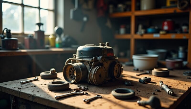 Un petit appareil mécanique poussiéreux à roulettes est posé sur un établi entouré d'outils et de pièces détachées dans un atelier ensoleillé.