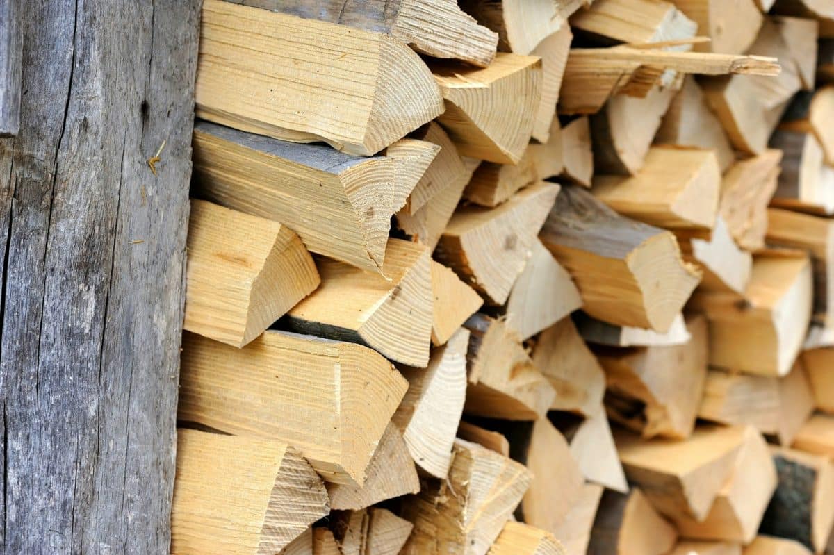 Un tas de bois empilé contre un mur en bois.