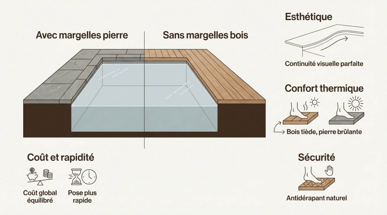 Comparaison entre margelles en pierre et terrasse bois intégrale sans bordure