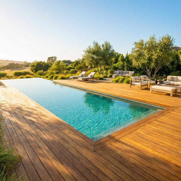 Grande terrasse en bois clair et piscine sans margelle, avec salon de jardin moderne, végétation luxuriante et vue dégagée.