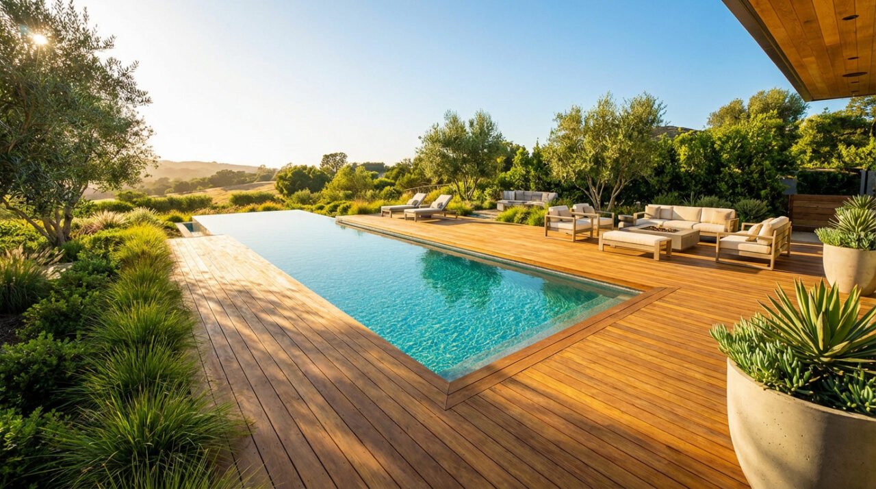 Grande terrasse en bois clair et piscine sans margelle, avec salon de jardin moderne, végétation luxuriante et vue dégagée.