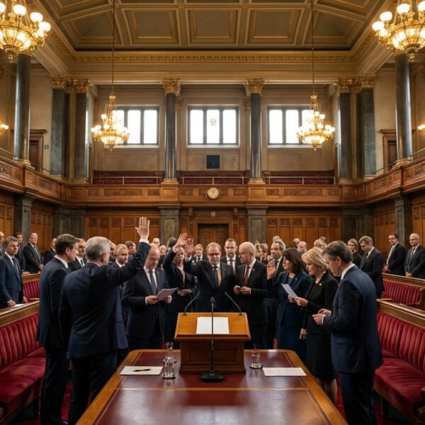 Un groupe de personnes en tenue officielle participe à une cérémonie de prestation de serment à l'intérieur d'une salle d'audience ornée de boiseries et de lustres.