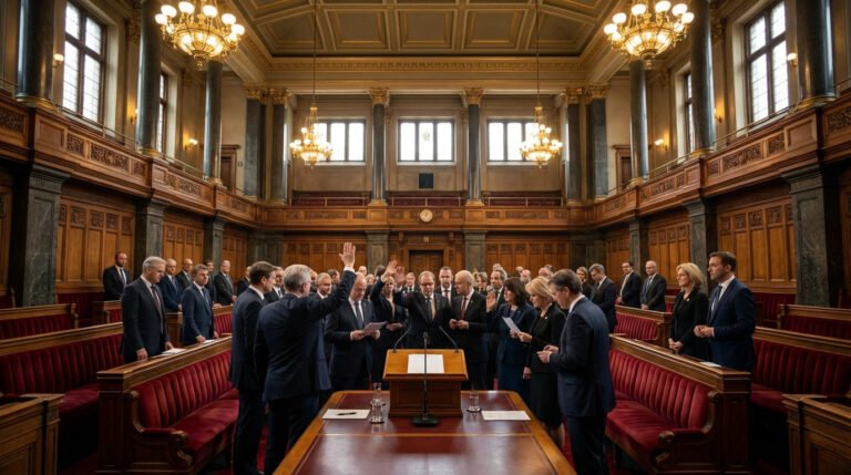Un groupe de personnes en tenue officielle participe à une cérémonie de prestation de serment à l'intérieur d'une salle d'audience ornée de boiseries et de lustres.