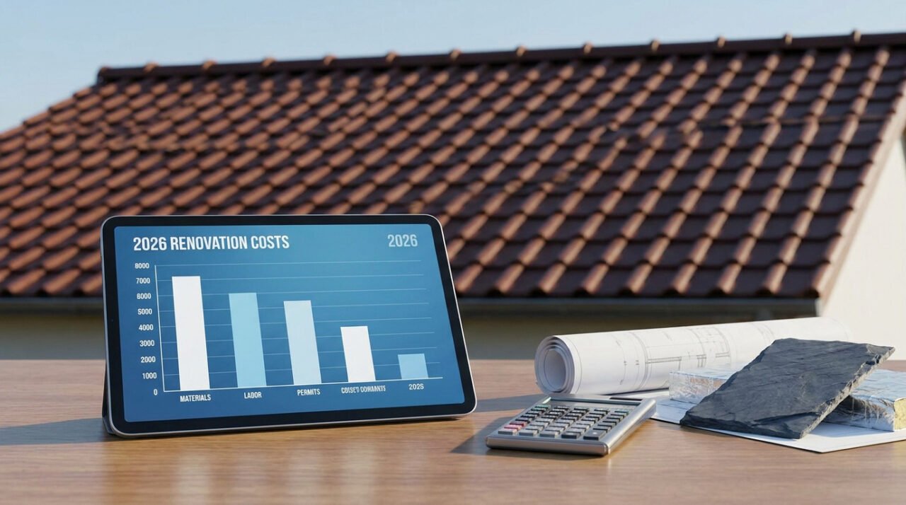 Tablette affichant un graphique des coûts de rénovation de toiture sur fond de toit en tuiles marron.