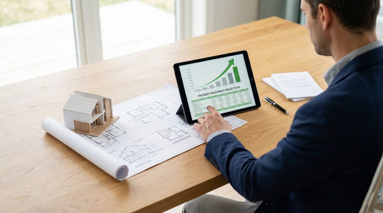 Homme consultant des projections d'investissement immobilier sur tablette, avec maquette de maison et plans d'architecte.