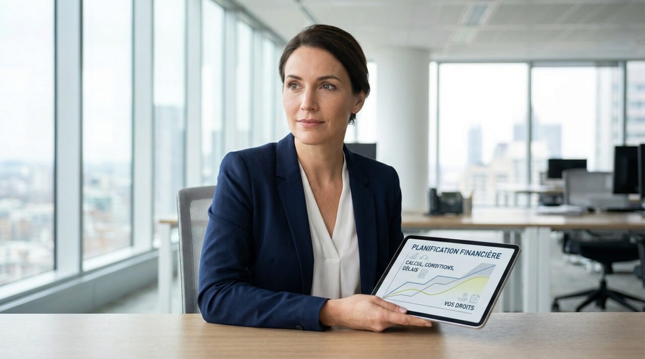 Femme en blazer bleu dans un bureau moderne, tenant une tablette affichant « Planification Financière » et « Vos Droits » avec un graphique.