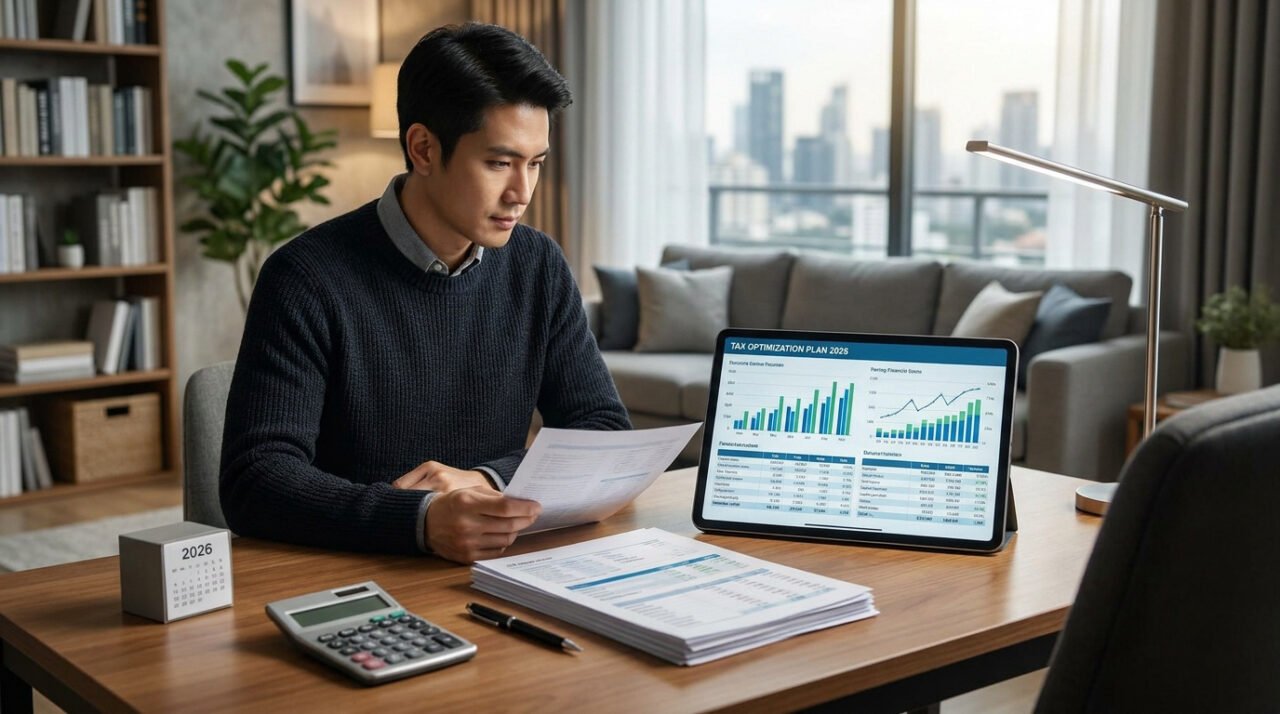 Un homme examine des données financières sur une tablette pour optimiser sa fiscalité immobilière.