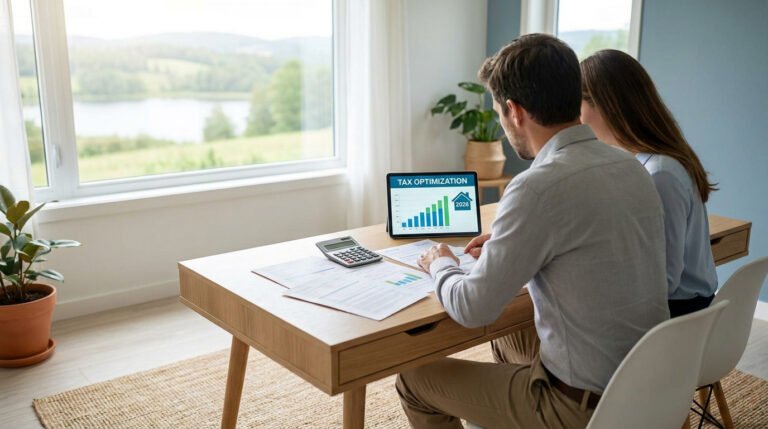 Un couple étudie des documents financiers et un graphique de croissance immobilière sur une tablette pour 2026.