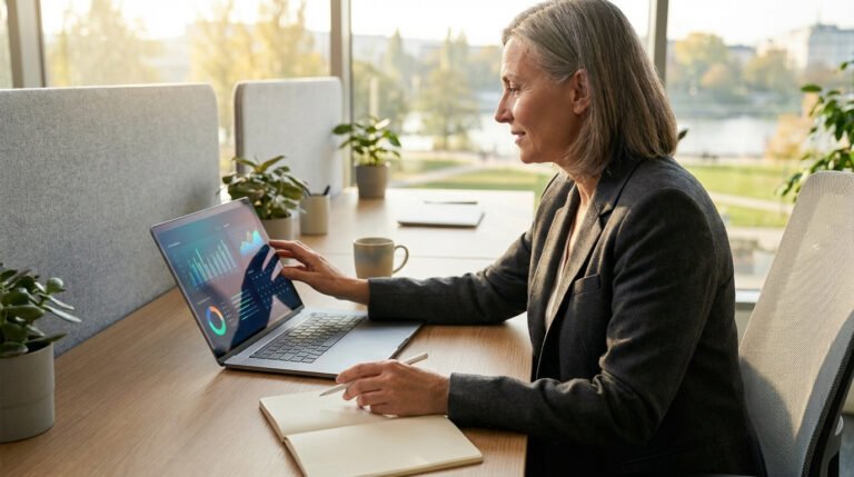 Femme d'âge mûr, souriante, analysant des graphiques financiers sur un ordinateur portable. Un carnet et un stylo sont à côté, avec une vue extérieure lumineuse.