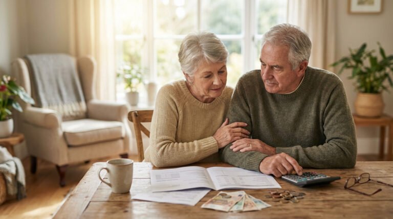Couple senior à table, calculant des frais sur des documents avec une calculatrice. Billets et pièces de monnaie visibles.