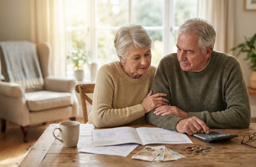 Couple senior à table, calculant des frais sur des documents avec une calculatrice. Billets et pièces de monnaie visibles.