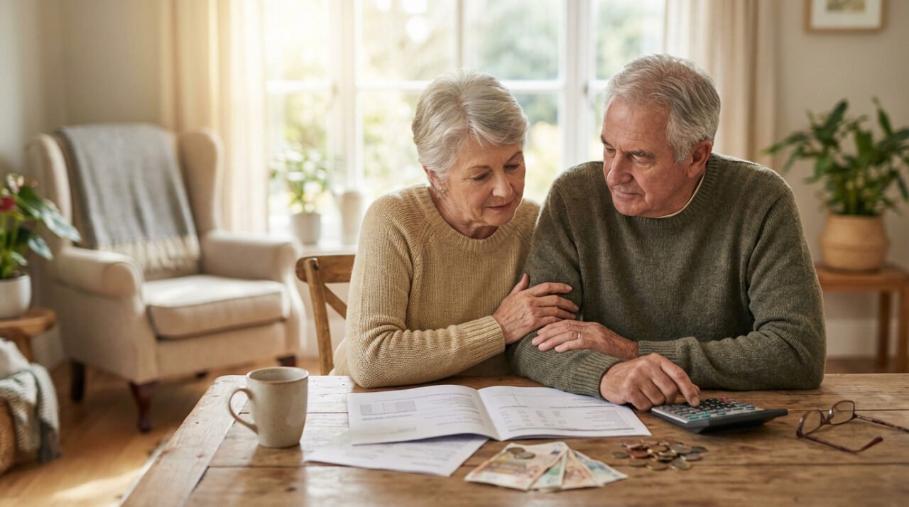 Couple senior à table, calculant des frais sur des documents avec une calculatrice. Billets et pièces de monnaie visibles.