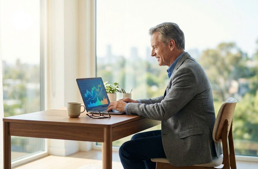 Un homme souriant d'âge mûr travaille sur un ordinateur portable affichant des graphiques financiers, dans un bureau lumineux.