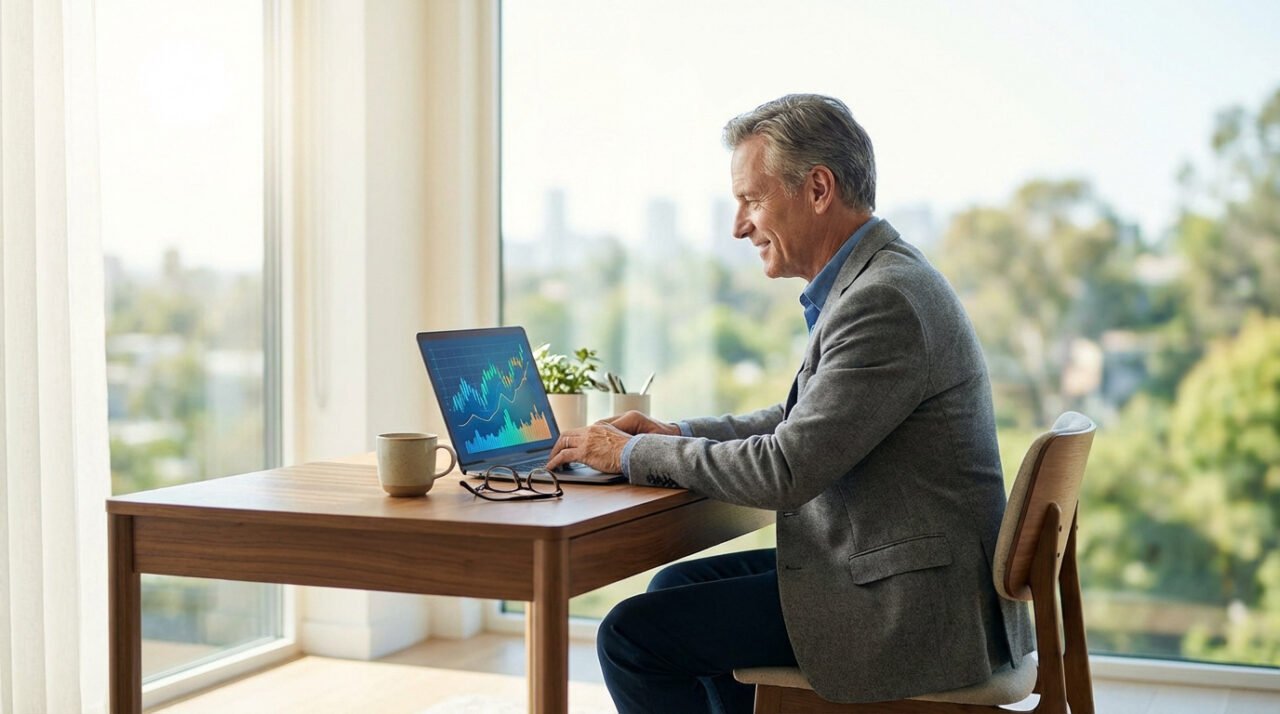 Un homme souriant d'âge mûr travaille sur un ordinateur portable affichant des graphiques financiers, dans un bureau lumineux.