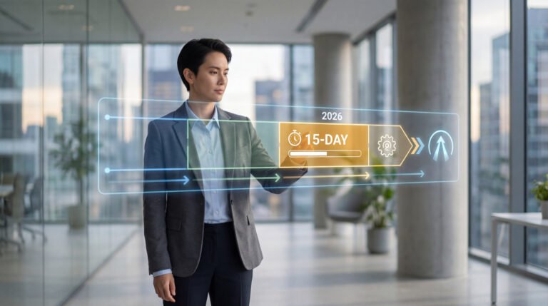 Homme d'affaires manipulant une interface holographique affichant le calendrier 2026 et un délai de 15 jours.