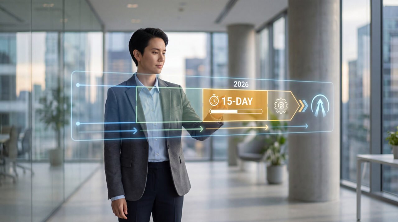 Homme d'affaires manipulant une interface holographique affichant le calendrier 2026 et un délai de 15 jours.