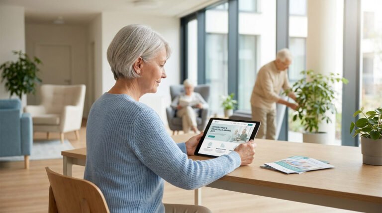 Une femme âgée utilise une tablette numérique pour consulter des informations sur la retraite dans un espace lumineux.