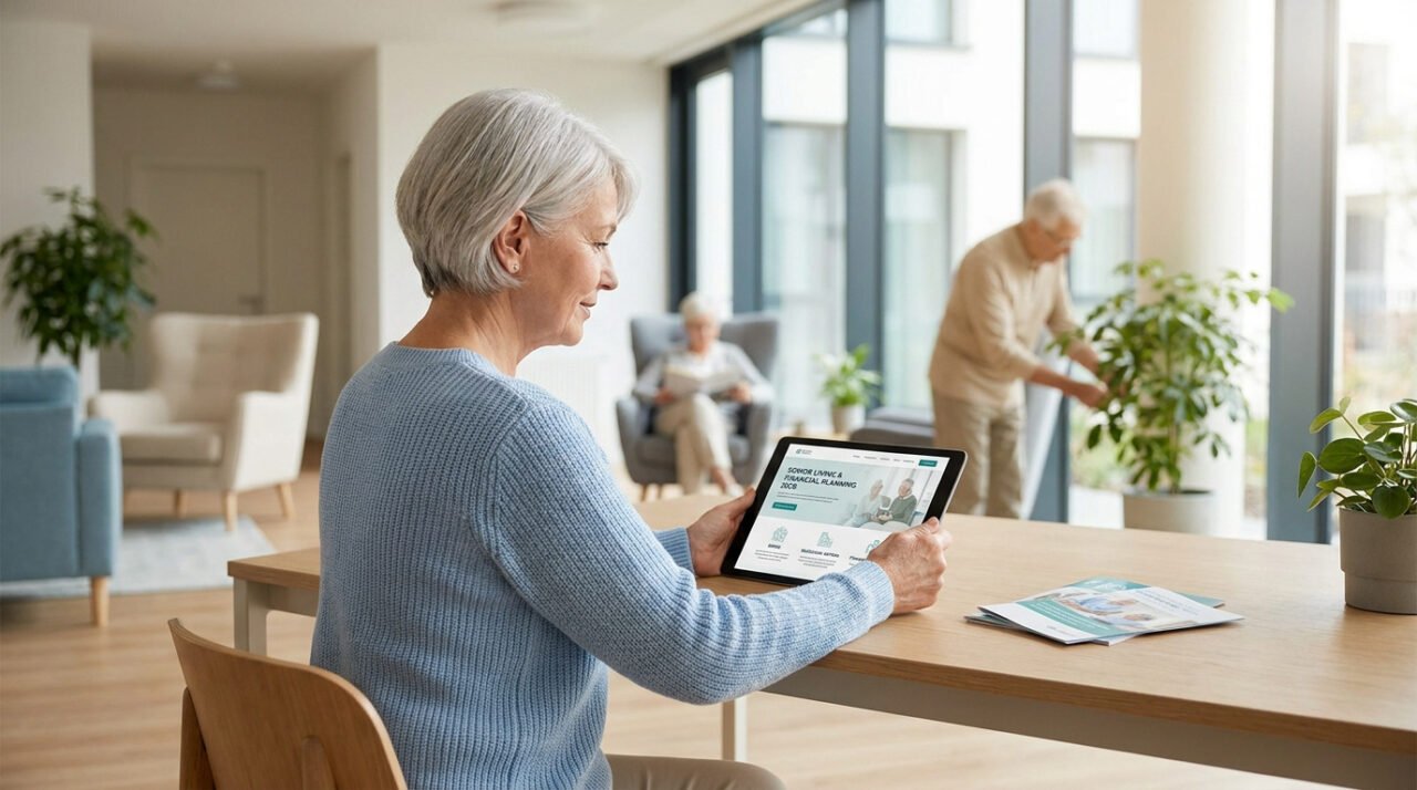 Une femme âgée utilise une tablette numérique pour consulter des informations sur la retraite dans un espace lumineux.