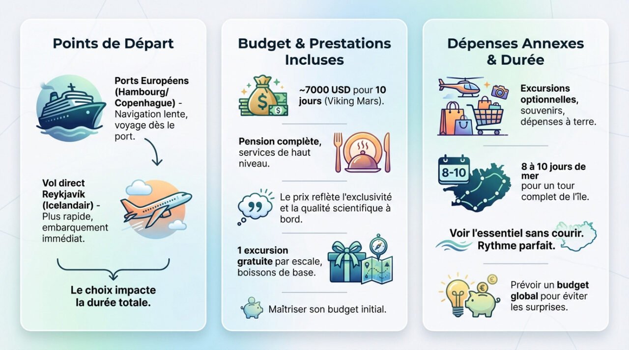Navire de croisière Viking Mars naviguant dans les fjords islandais près de montagnes enneigées
