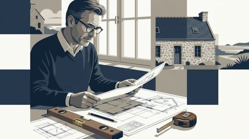 Un architecte révise des plans de construction à un bureau avec un niveau et un mètre ruban ; une maison en pierre et un paysage côtier sont visibles à l'arrière-plan.