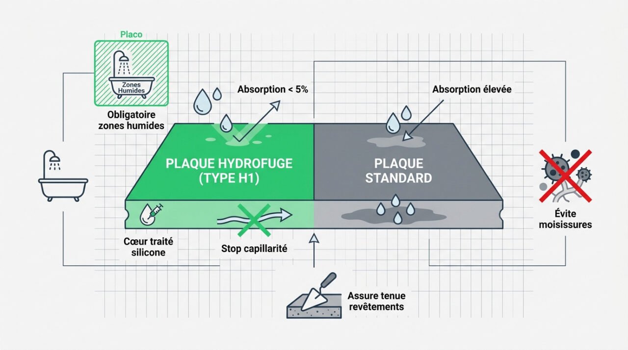 Comparatif technique entre une plaque de plâtre standard grise et une plaque hydrofuge verte