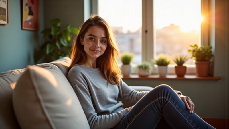 Une femme assise sur un canapé dans une pièce ensoleillée, avec plusieurs plantes en pot sur le rebord de la fenêtre derrière elle, vêtue d'un pull gris et d'un jean, regarde la caméra.