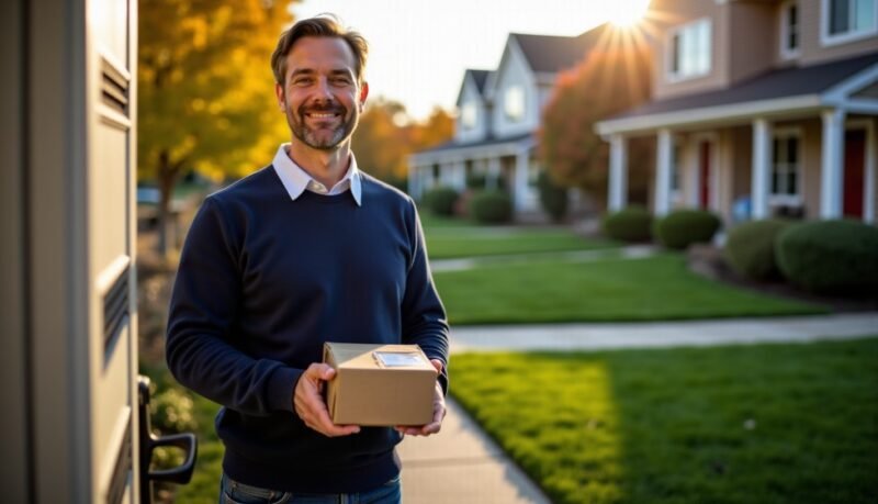 Un homme se tient à la porte, souriant, tenant un petit paquet, avec en arrière-plan des maisons de banlieue et une cour éclairée par le soleil.