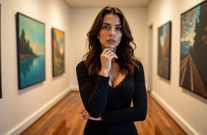 Une femme vêtue d'une robe noire se tient pensivement dans un couloir bordé de tableaux de paysages encadrés sur les deux murs.