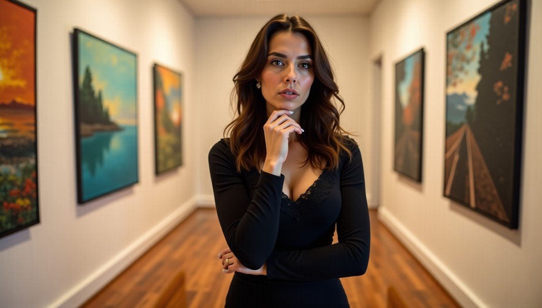 Une femme vêtue d'une robe noire se tient pensivement dans un couloir bordé de tableaux de paysages encadrés sur les deux murs.