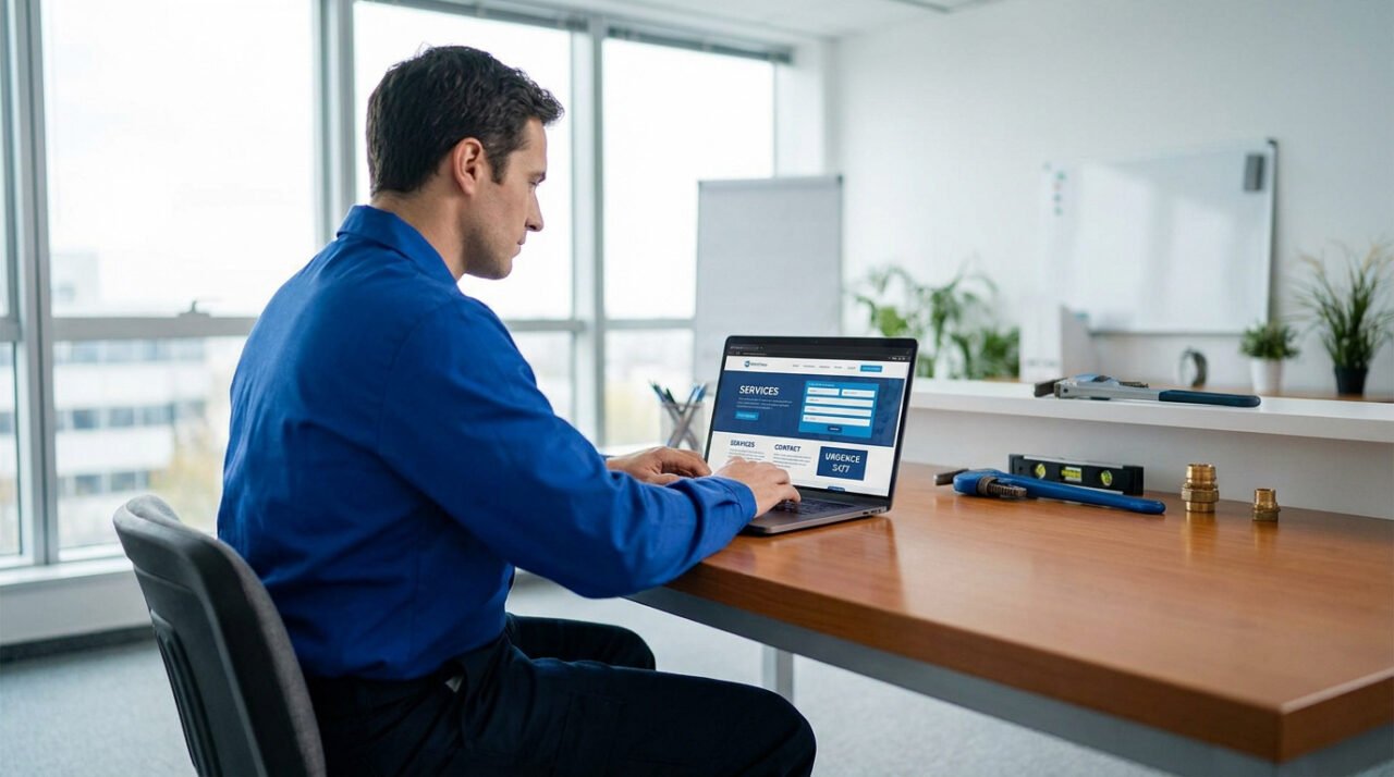 Un plombier en uniforme bleu travaille sur son ordinateur portable dans un bureau moderne.