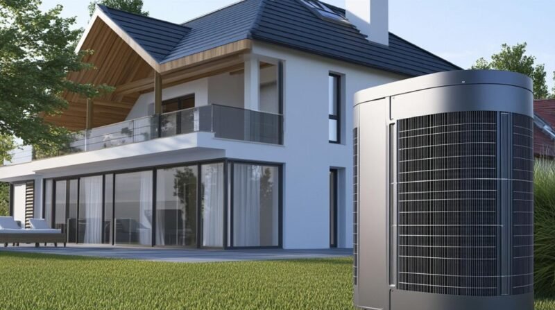 Maison moderne à deux étages avec de grandes fenêtres et un patio, dotée d'un système de pompe à chaleur installé à l'extérieur sur la pelouse au premier plan.
