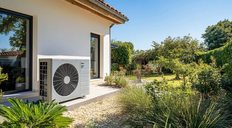 Une pompe à chaleur est installée à l'extérieur d'une maison moderne, entourée d'un aménagement paysager composé de gravier, de plantes et d'arbres, par une journée ensoleillée.