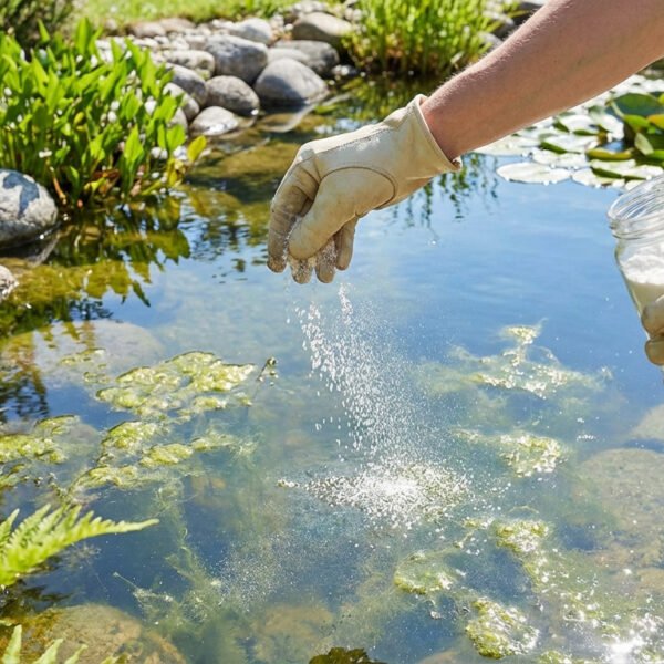 A gloved hand sprinkles white powder into a garden pond with green algae, surrounded by lush plants and rocks. Bright daylight.