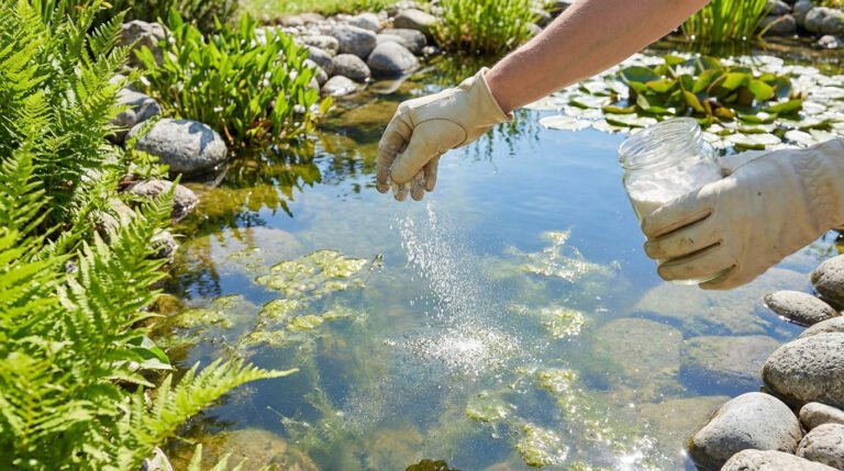 A gloved hand sprinkles white powder into a garden pond with green algae, surrounded by lush plants and rocks. Bright daylight.