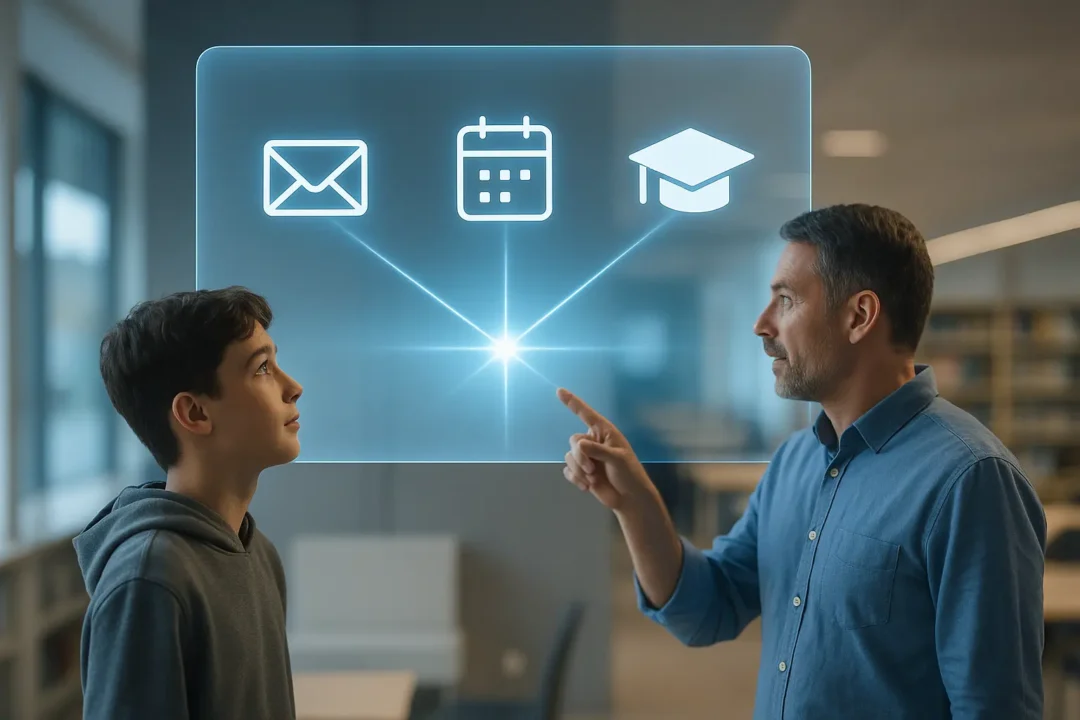 Un adulte pointe du doigt des icônes numériques flottantes représentant une enveloppe, un calendrier et une casquette de fin d'études, tandis qu'un garçon observe, dans un cadre éducatif moderne.