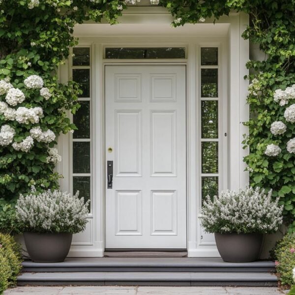 Une porte d'entrée blanche entourée de vignes vertes et de fleurs blanches, avec deux plantes en pot de chaque côté et de grandes fenêtres de part et d'autre de l'entrée.