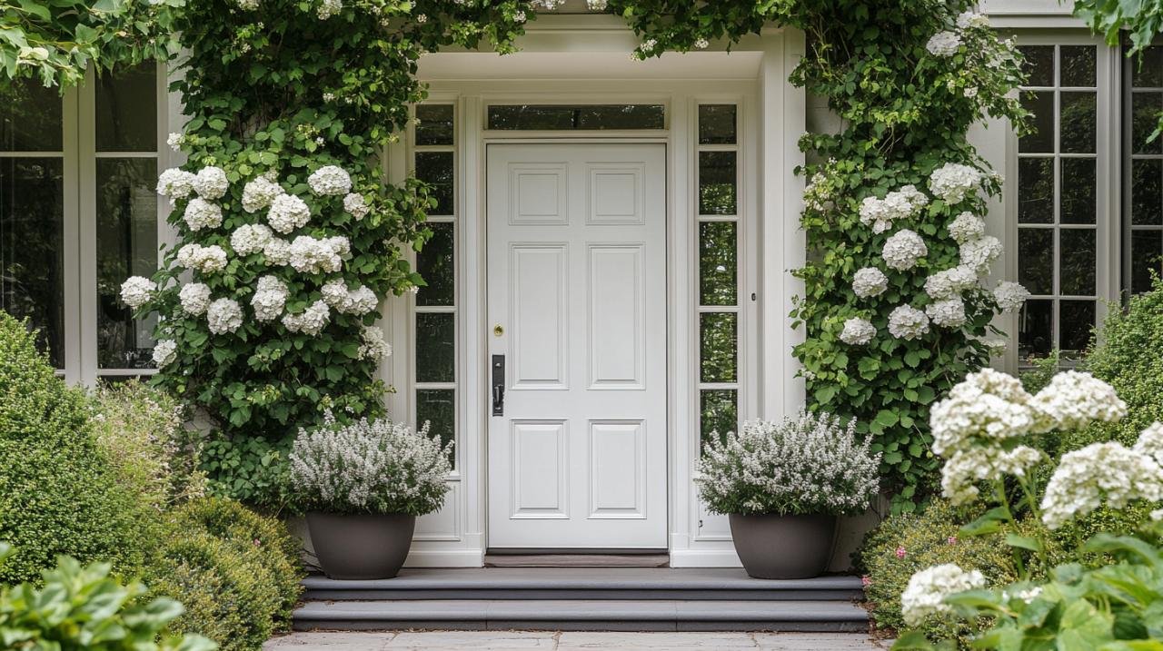 Une porte d'entrée blanche entourée de vignes vertes et de fleurs blanches, avec deux plantes en pot de chaque côté et de grandes fenêtres de part et d'autre de l'entrée.